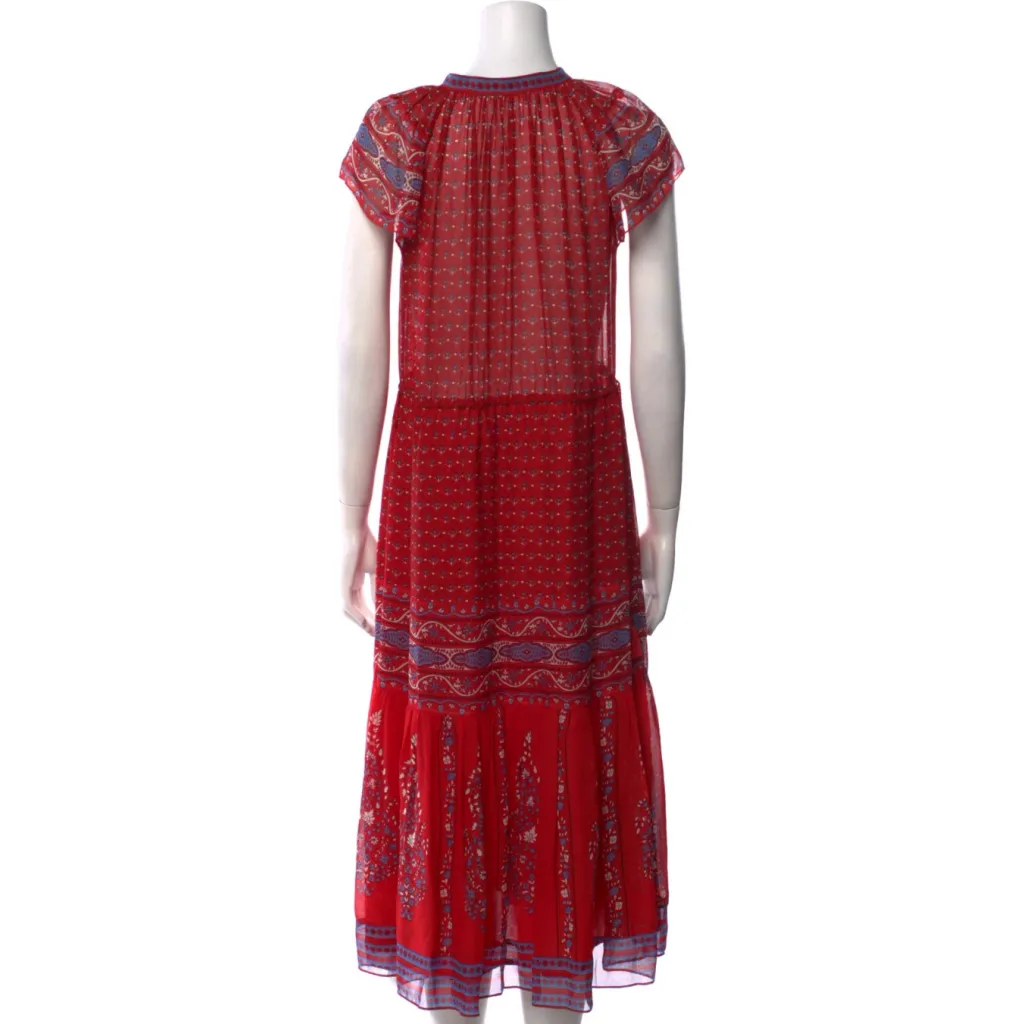 Ulla Johnson Neela Tassel Silk Dress Size Small Georgette Midi Scarlet Red Scarf - Image 3