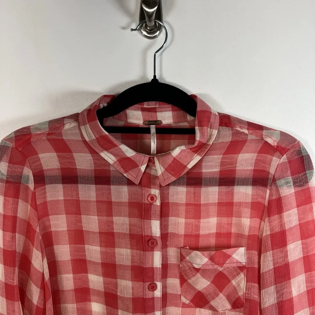 Free People Red & White Gingham Sheer Button Down Blouse Women’s Size Small Boho - Image 2