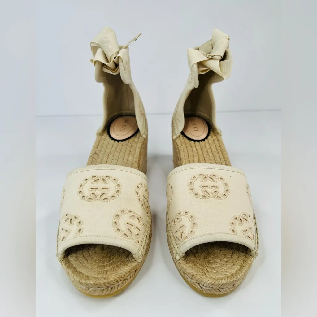 Gucci Damita GG Interlocking G Espadrille Wedge Wraparound Sandals Size EU 40 - Image 5
