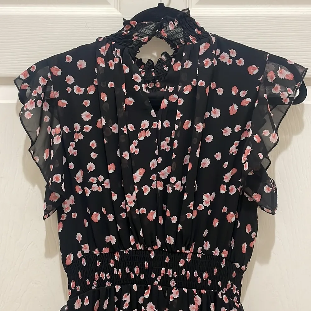 NWT Melloday Black Pink Floral High Neck Ruffle Sleeve Smocked Waist Maxi Dress - Image 6