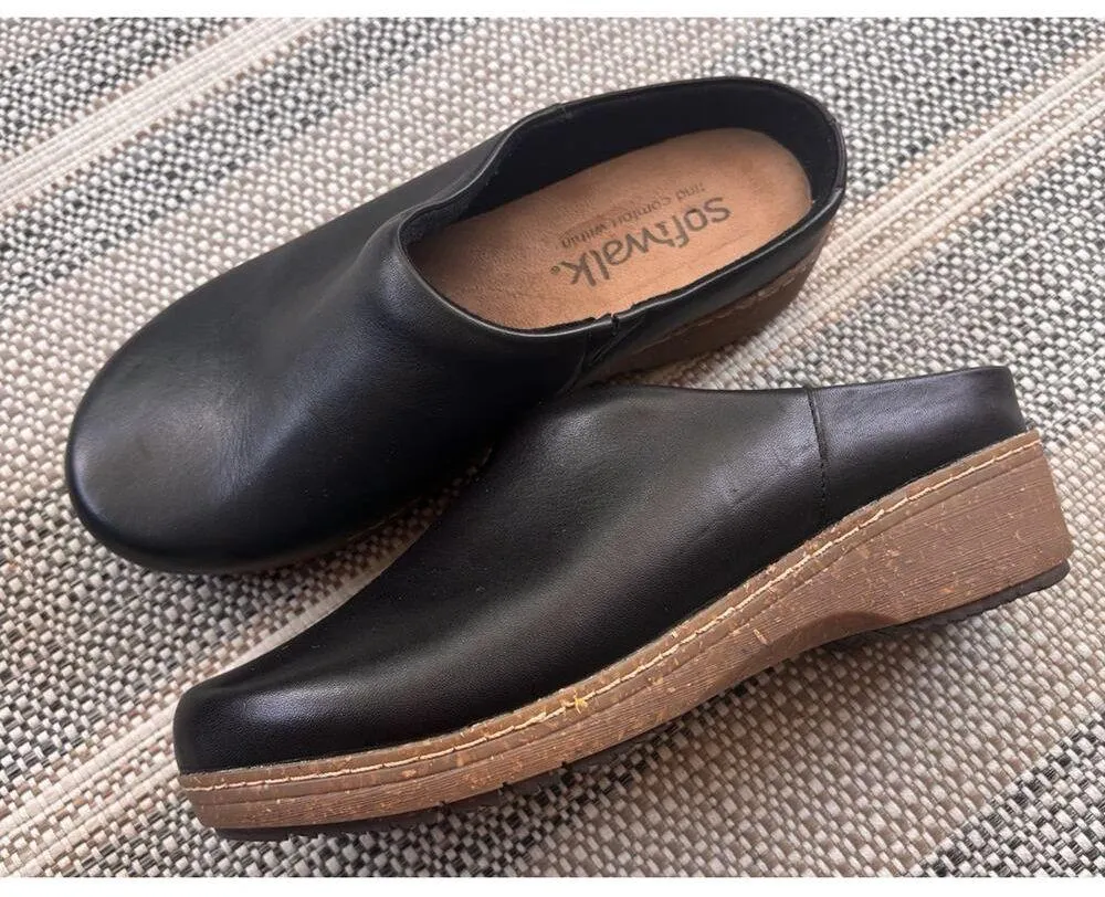 Softwalk Arvada Womens Clogs Sz 8.5WW Comfort Leather Slip-On Mule Shoes Black - Image 3