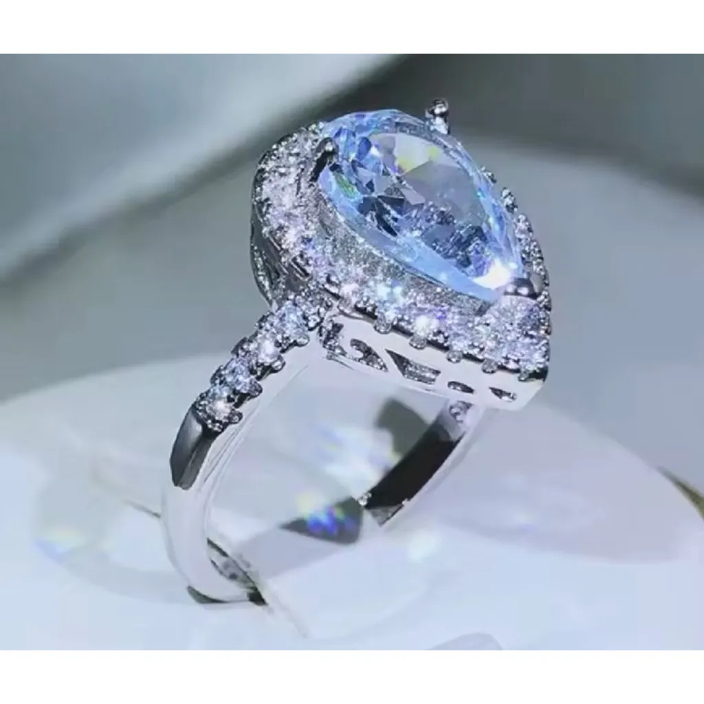 NEW Women's 3Ct Rhodium .925 Pear Halo Teardrop‎ Engagement Ring, Size 9 - Image 8