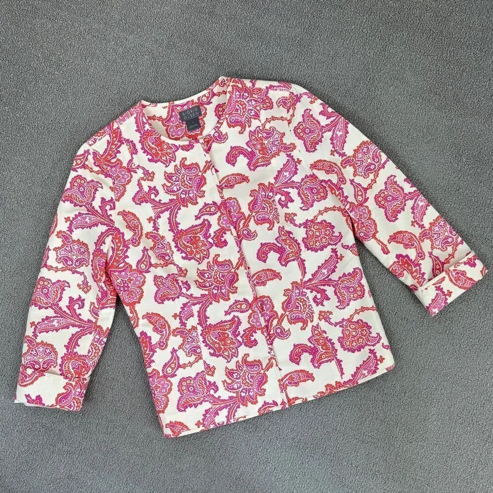 Sigrid Olsen Floral Damask Cotton Silk Blazer Jacket Cream Pink 4 Snap Front - Image 14