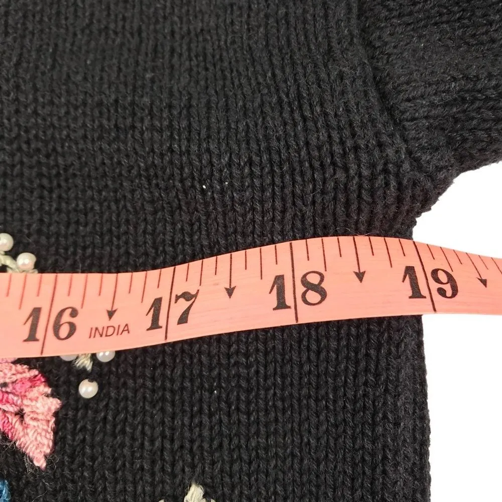 TIARA Vintage 90s Embroidered Knit Cardigan Women L Black Retro Unique Old Money Size L - Image 9