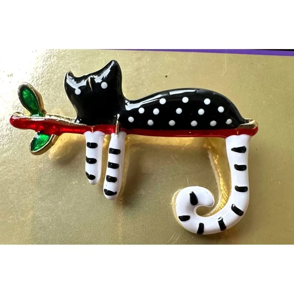 Folk Art Spotted Cat on Branch Pin Brooch Whimsical New Kitty Lover Chri… - Image 8