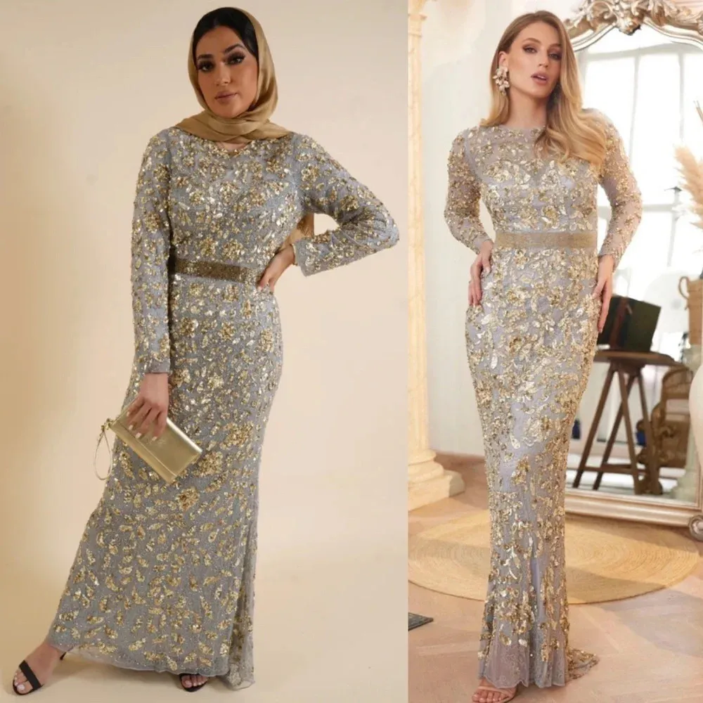 Mac Duggal Beaded Waist Long Sleeve Beaded Illusion Gown in Platinum/Gold Size 6 - Image 3