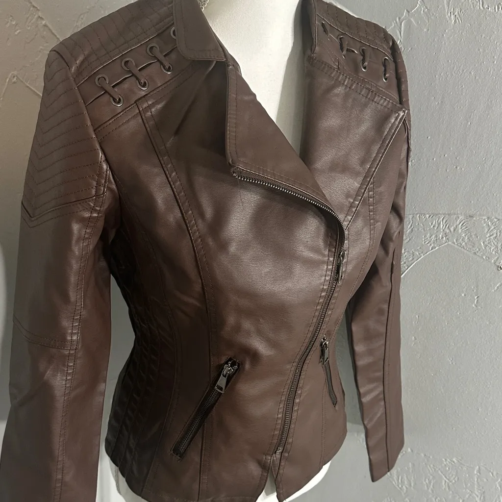 Brown Faux Leather Moto Jacket | PU Leather | Chic & Versatile. - Image 4