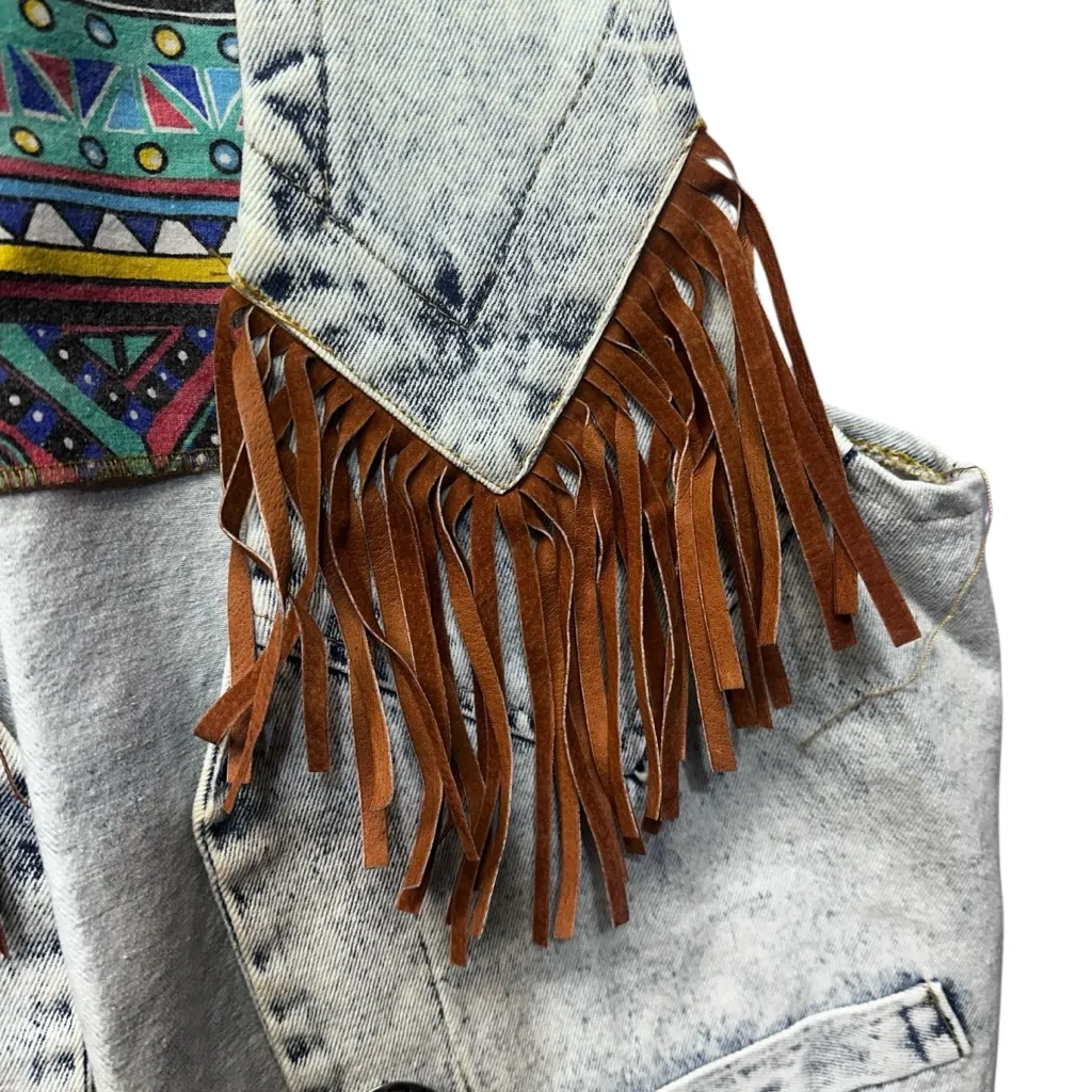 Western 80’s Stone Washed Fringe Denim Vest by Bazerk Medium Blue - Image 5