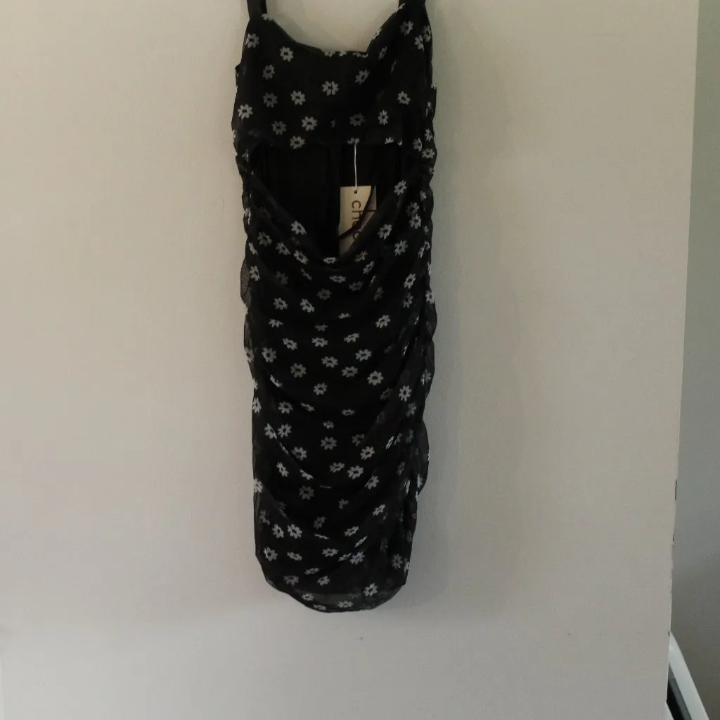 Choosy Black & White Floral Daisy Ruched Open Midrift Cutout Dress Size XS - Image 3
