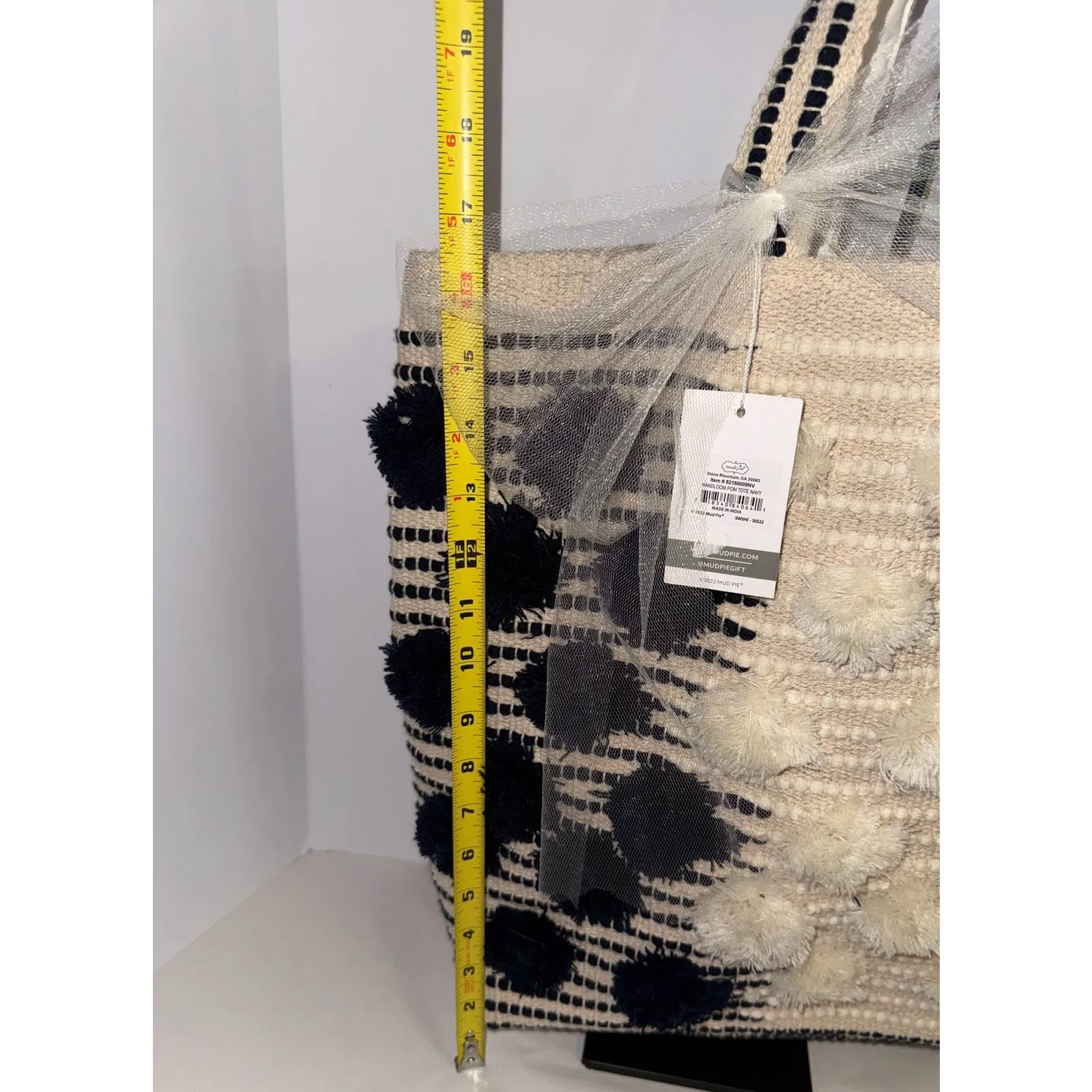 Mud Pie Handloom Pom Tote Bag Navy Large Textured Pompoms New - Image 8