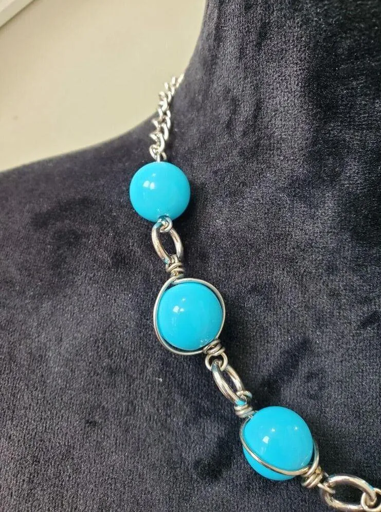 Women's Silver Tone Teal Turquoise Bead Balls Fashion Jewelry Necklace Blue - Image 4