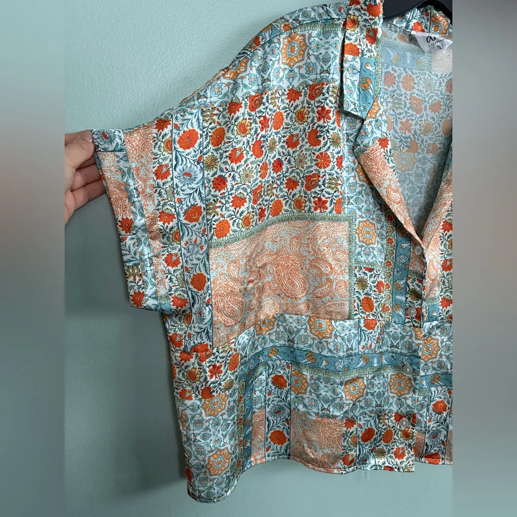 dRA Los Angeles Anthro Silky Box Patchwork Boho Summer Crop Button Down Top XS Orange - Image 2