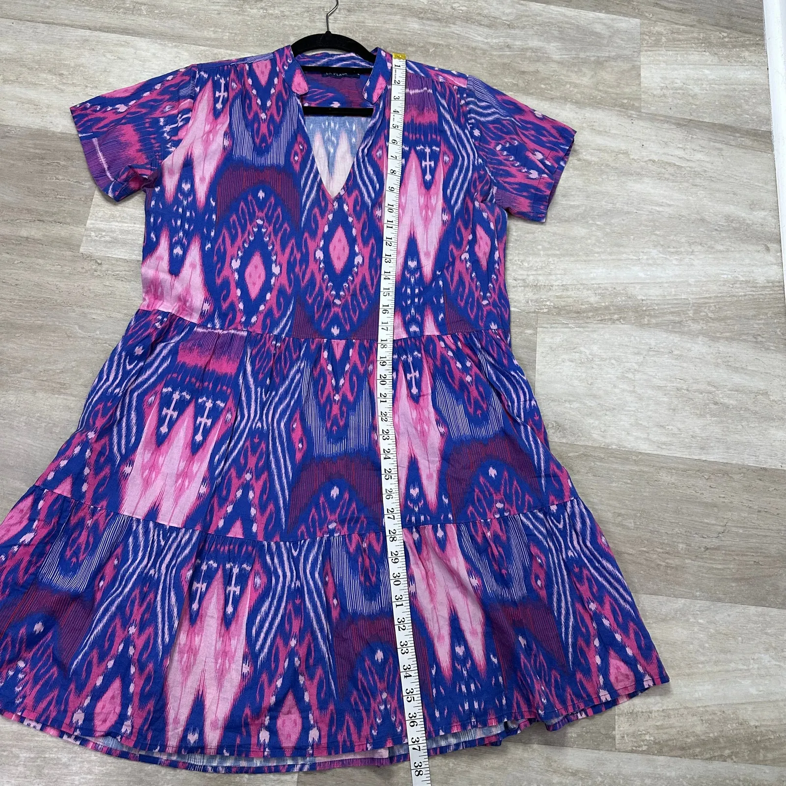 La Plage Alison Blue Pink Ikat Cotton Pocket Dress Women’s Large - Image 9