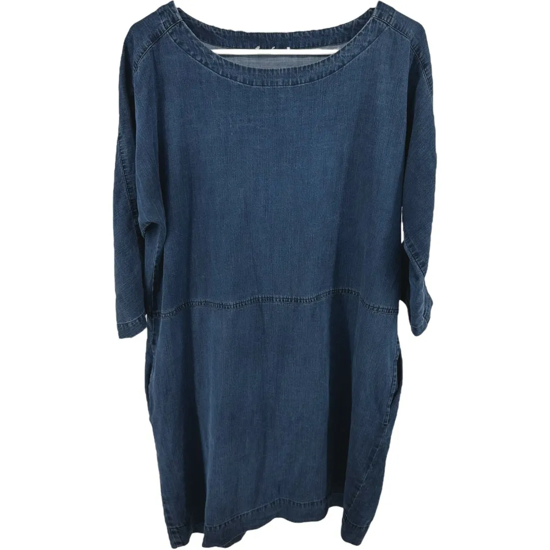 Eileen Fisher Organic Cotton Tunic Dress Denim Chambray Shift Boat Neck Blue M - Image 2