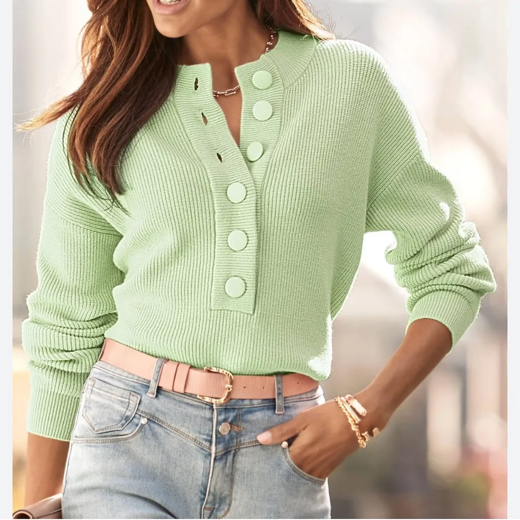 LASCANA Lime Green Pullover Sweater with button front detail Size 6 - Image 2
