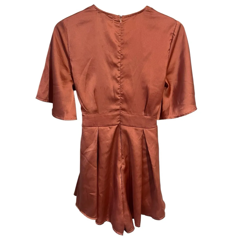 36 Point 5 Romper Womens S Pink Brown Short Bell Sleeve Tie Waist Zip Satin - Image 12