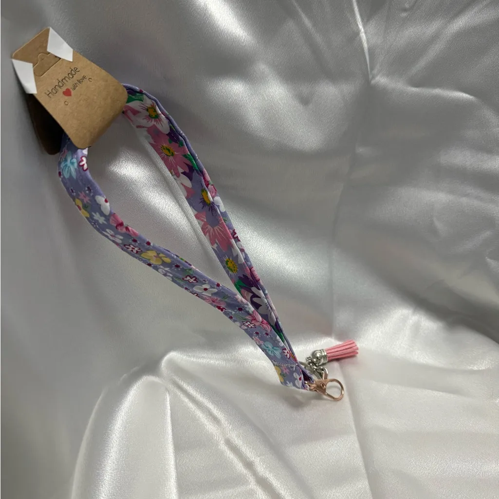 Handmade Purple and Pink Floral Wristlet Keychain with Purple Tassel - Image 4