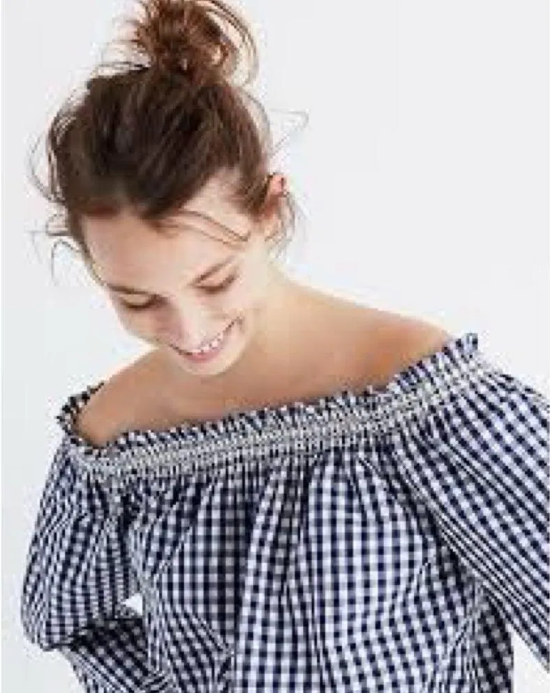 Madewell Blue Checkered Gingham Smocked Neck Off Shoulder Blouse Sz XXS - Image 2