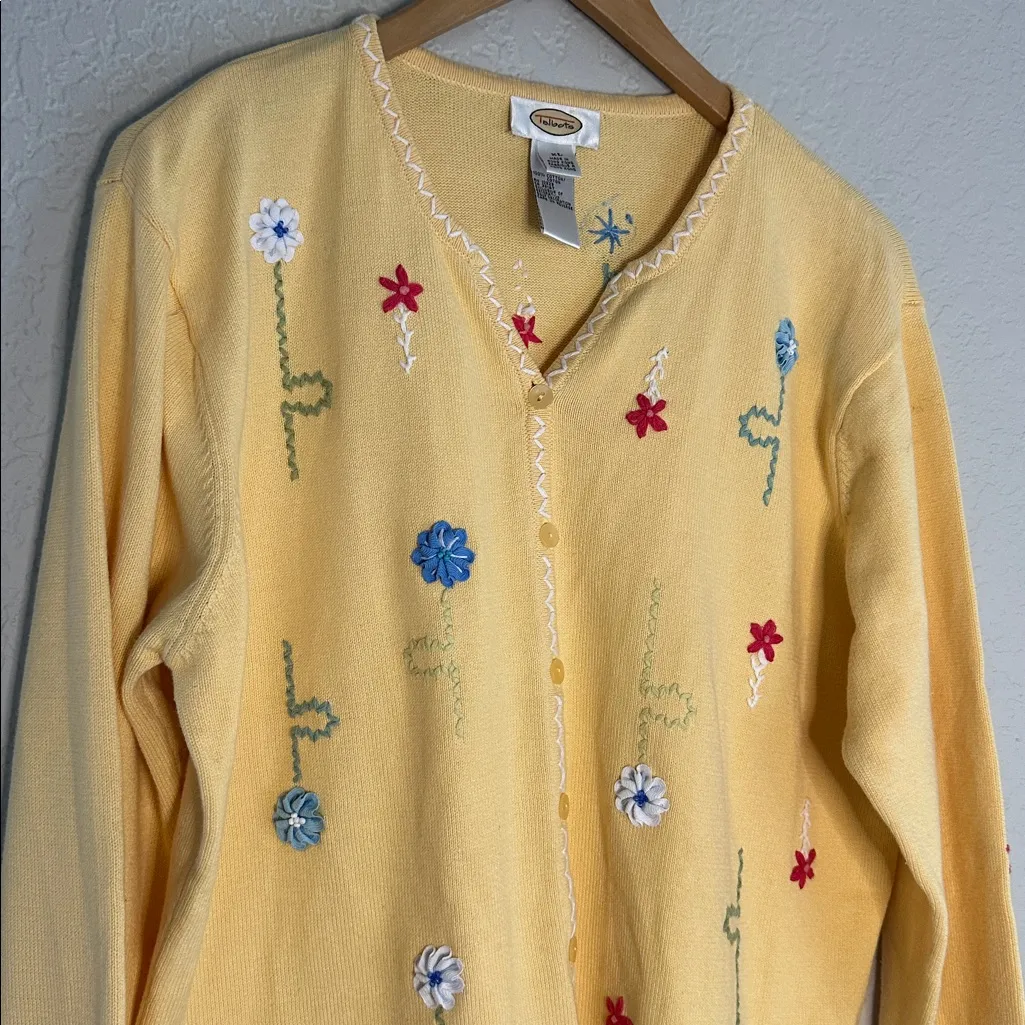 Vintage Talbots Embroidered Cardigan Sweater Teacher Flowers Yellow Cottage XL - Image 2