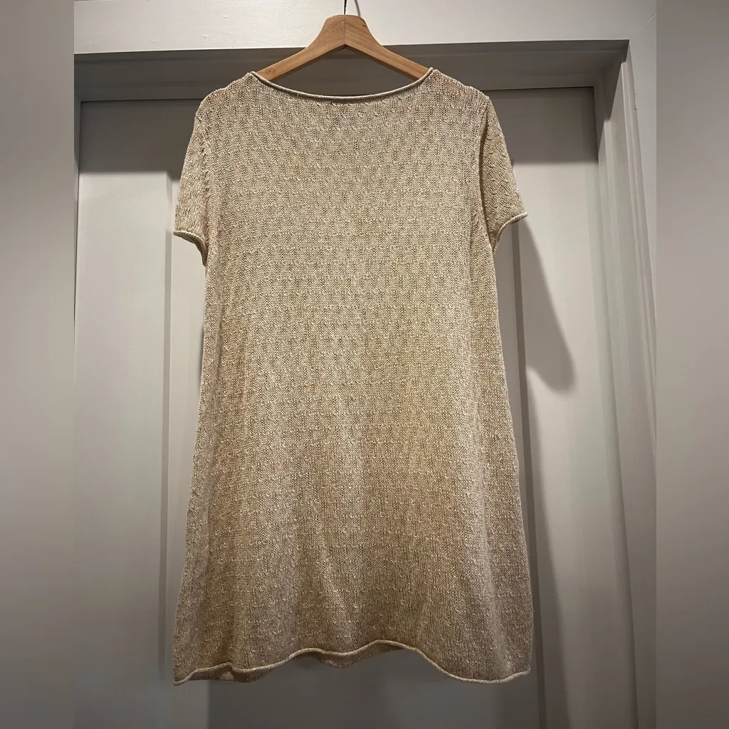 Eileen Fisher 100% Linen Tan Knit Short Sleeve Beach Cover-up Dress Size Large - Image 16