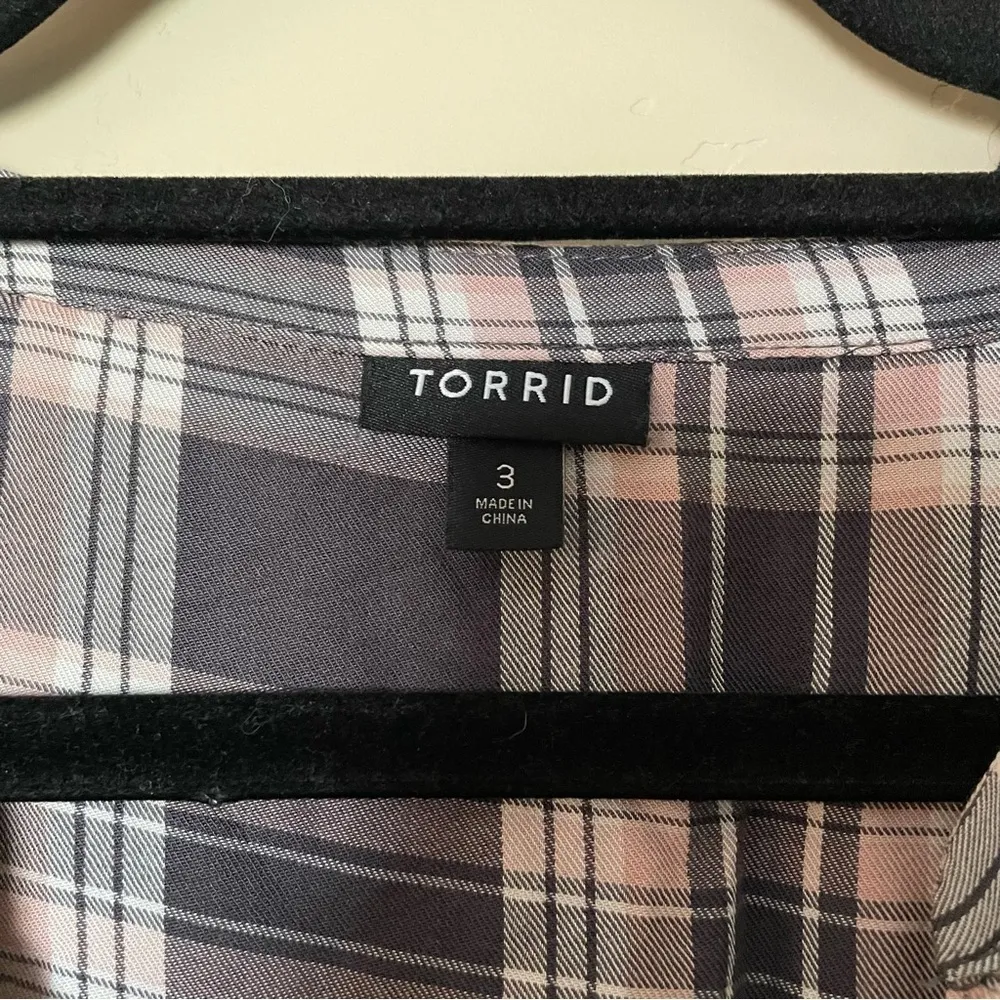 Grey Plaid Babydoll Rayon Twill Button-Front Top - Image 6