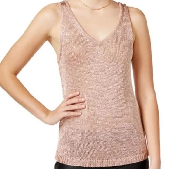 Bar‎ III Womens Metallic Mesh Knit Sleeveless Sweater Tank Rose Gold sz XS - Image 10