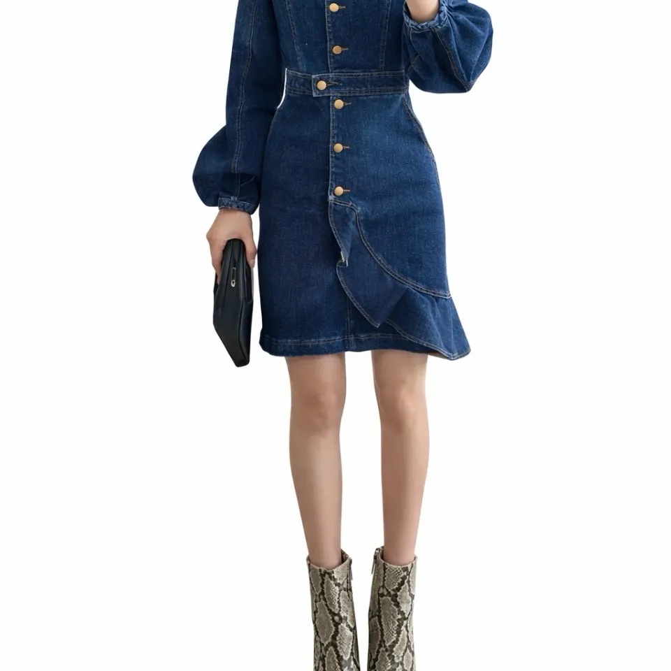 AMUR Sammy Denim Dress Size 6 Puff Sleeve Button Front Ruffle Blue - Image 2