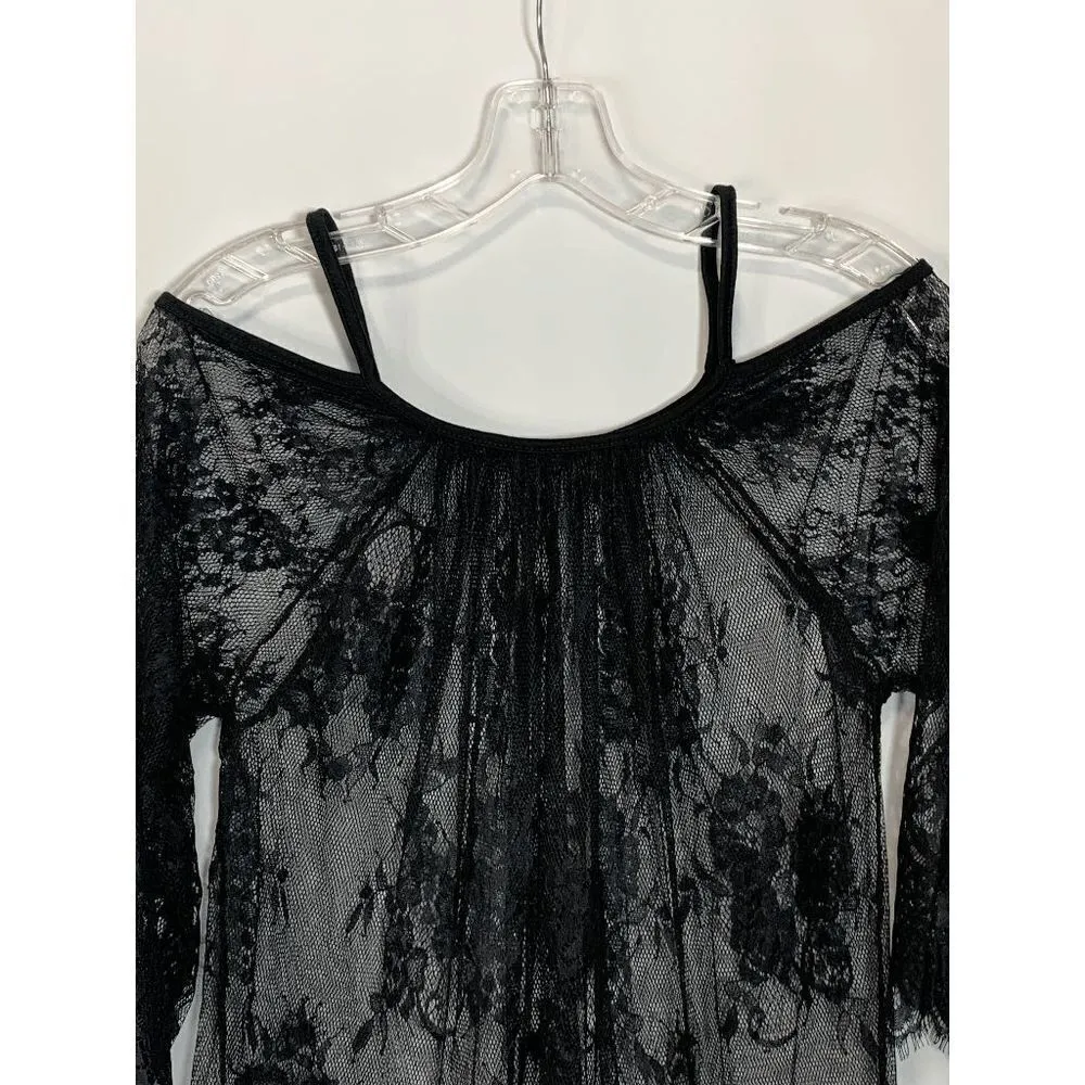 Women's Sheer Lace Off Shoulder Beach Swimsuit Cover Up Black Size M/L Size M - Image 3