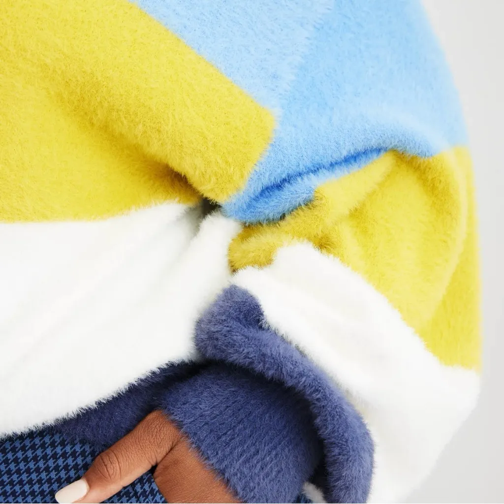 Aerie Flurry Rugby Stripes Fuzzy Oversized Crew Neck Sweater‎ Blue Green Medium - Image 6