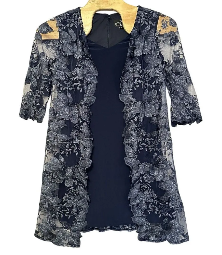 Alex Evenings Navy Blue Knee Length Shift Dress Embroidered Attached Jacket 12 - Image 1