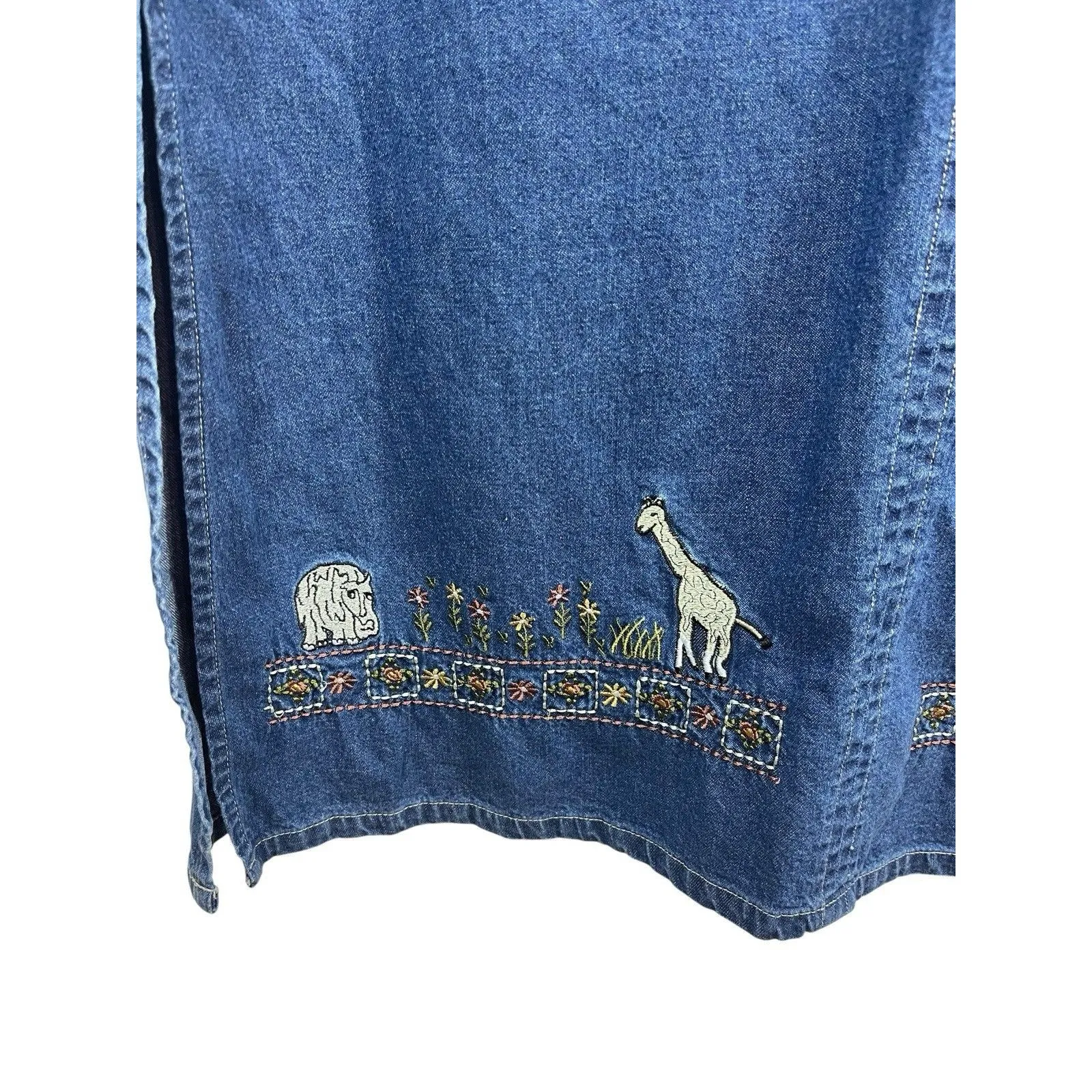 VTG 90s M.P.H. Blues Denim Jumper Dress L Embroidered Animals Safari Pockets NWT Blue Size L - Image 5