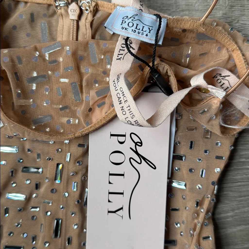 NEW Oh Polly Antonella Sheer Embellished Scoop Neck Evening Gown in Almond 6 - Image 9