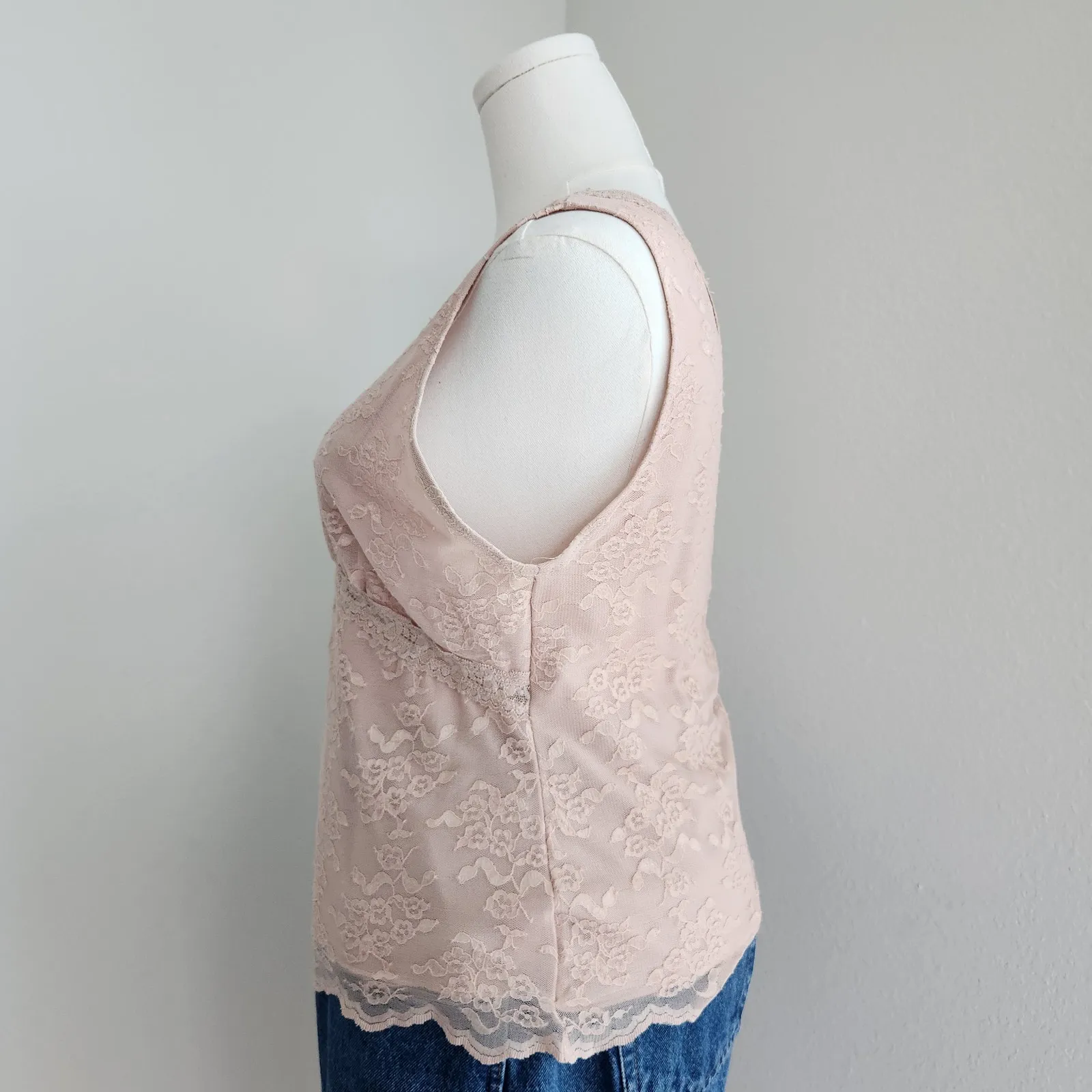 Vintage Y2K Worthington Pale Pink Lace Stretch Tank Top Babydoll Camisole XL - Image 4