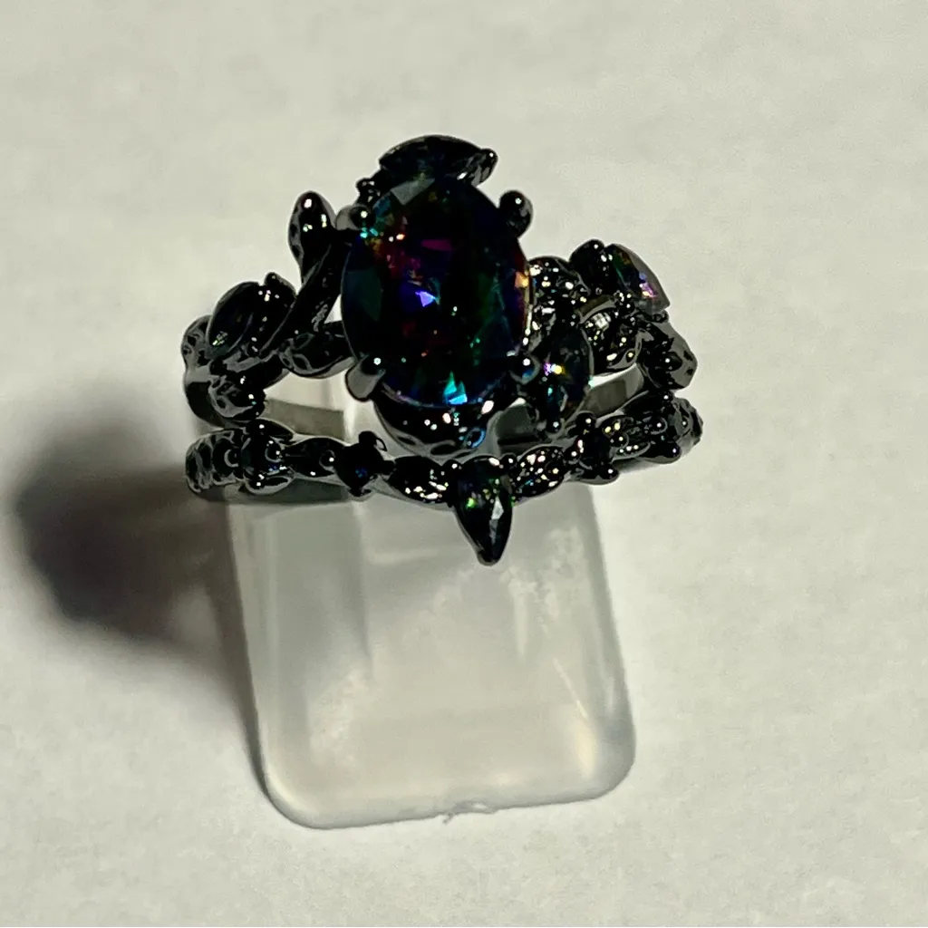 2pc Gun Metal Gray Multi Color Stone Ring Set - Image 3