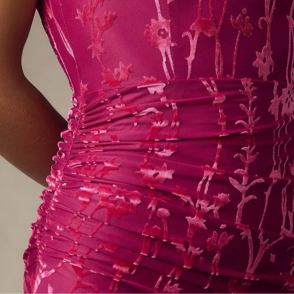 Hutch One Shoulder Asymmetrical Midi Dress Size XL Pink Floral Velvet Burnout - Image 9