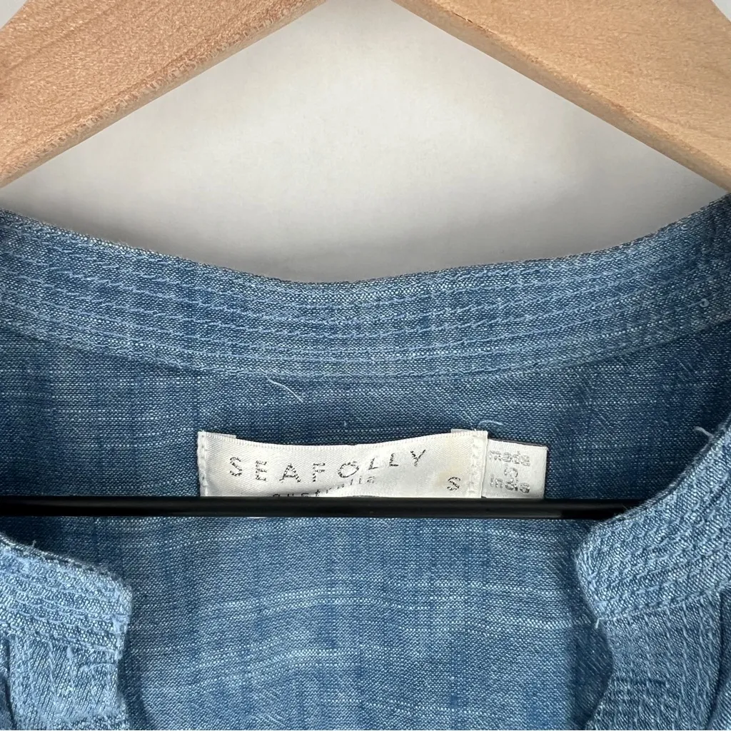 Seafolly Boyfriend Beach Shirt Blue Chambray Lightweight Roll Tab Sleeves V-Neck - Image 4