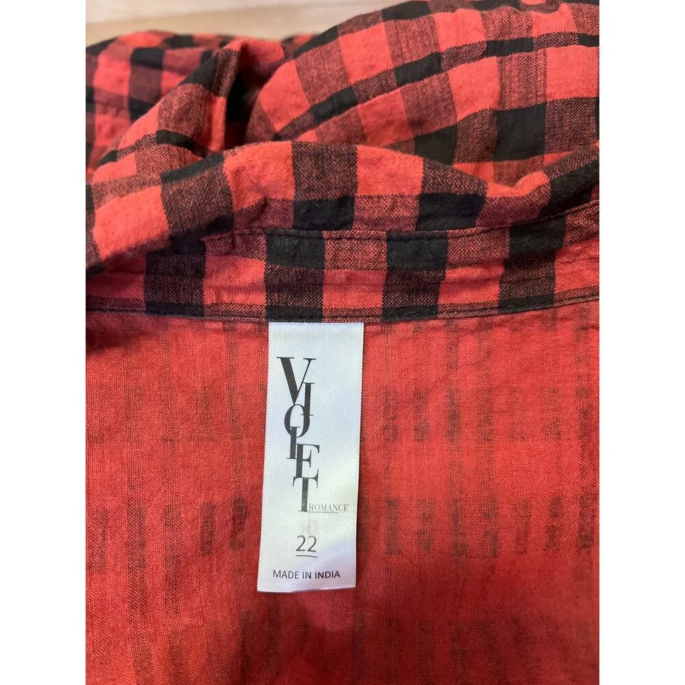 Violet Red Black Plaid Checkered Long Sleeve Button Tiered Midi Shirt Dress 18 - Image 4