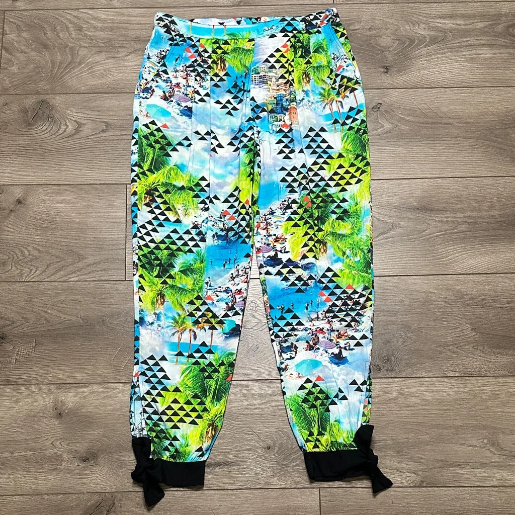 Seafolly Beach Summer Mid Rise Resort Rayon Ankle Tie Pants Blue Green Small - Image 2