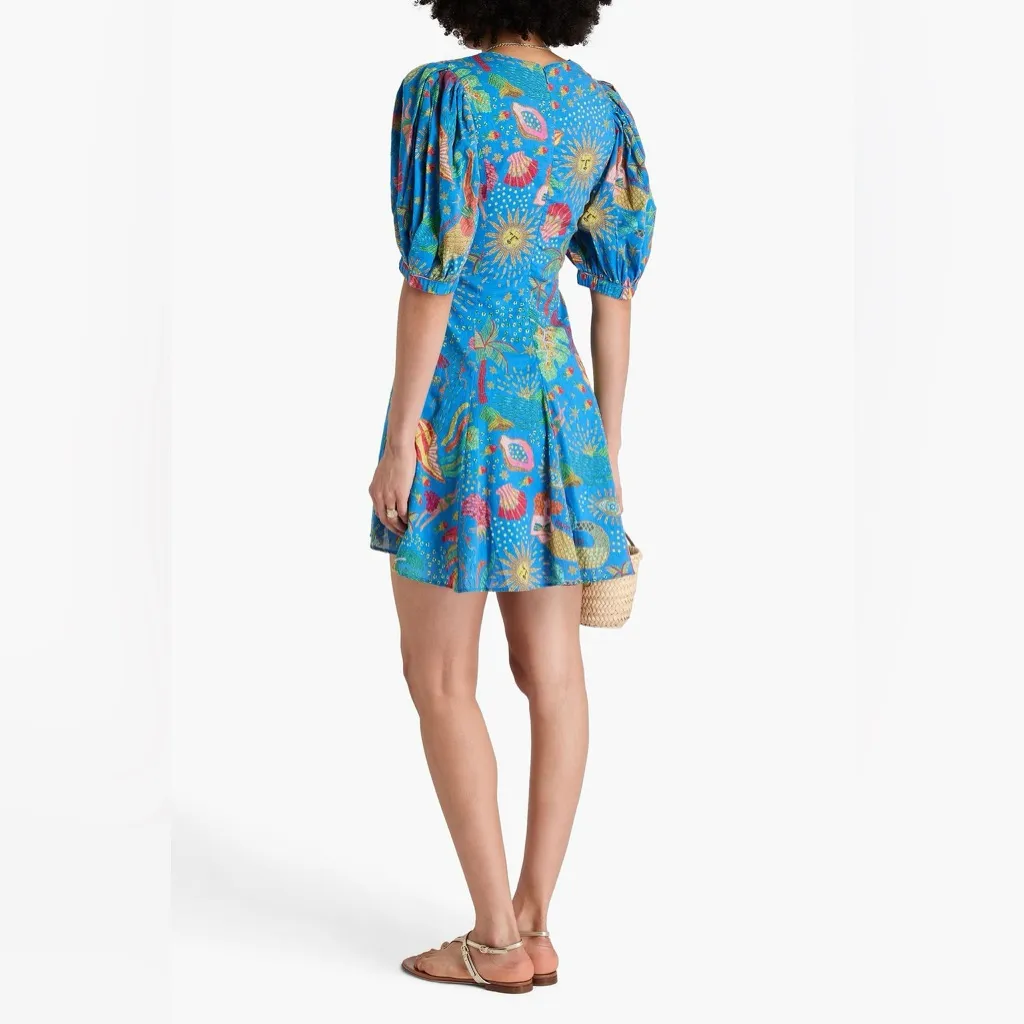 Farm Rio Embellished Lace Up Ocean Stories Printed Swiss Dot Cotton Mini Dress - Image 16