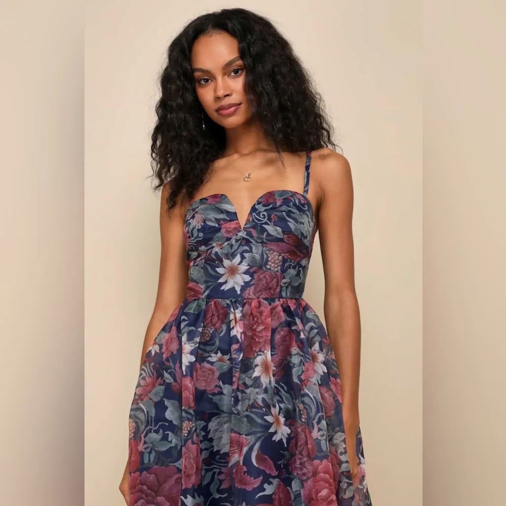 Lulus Cherished Aura Navy Blue Floral Organza Bustier Midi
Dress - Image 2