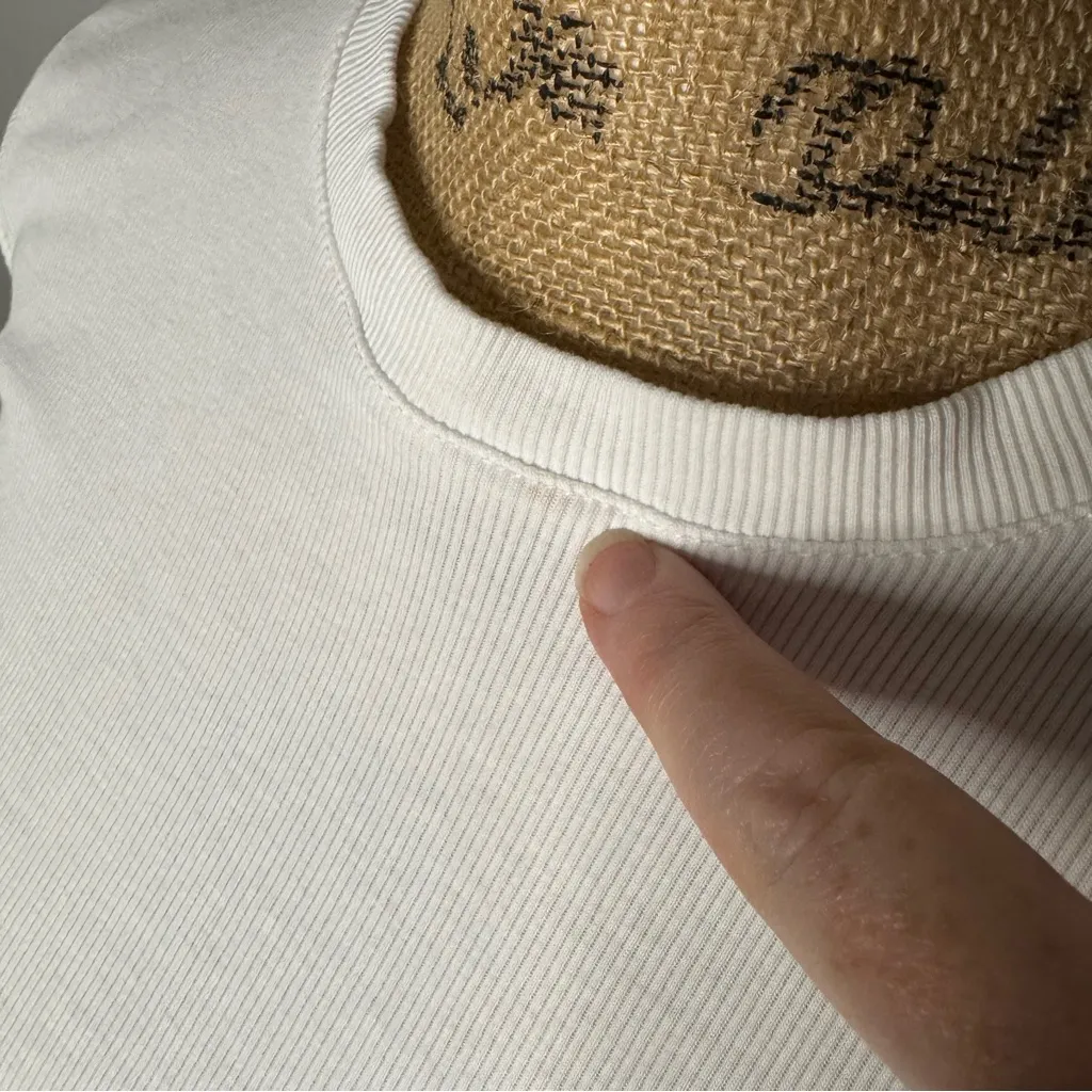 Leallo White Ribbed Fitted Crew Neck Cap Sleeve Shirt Size M Cotton Minimalist Size M - Image 3