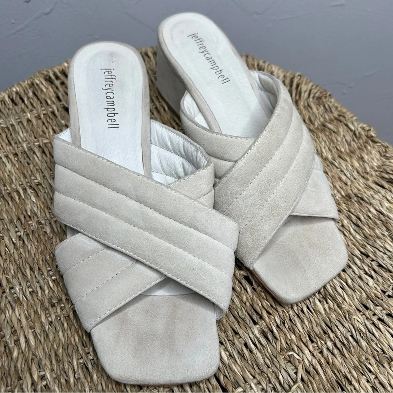 JEFFREY CAMPBELL Heeled Mules Womens Size 7.5 Cream Suede Slip On Square Neutral - Image 3