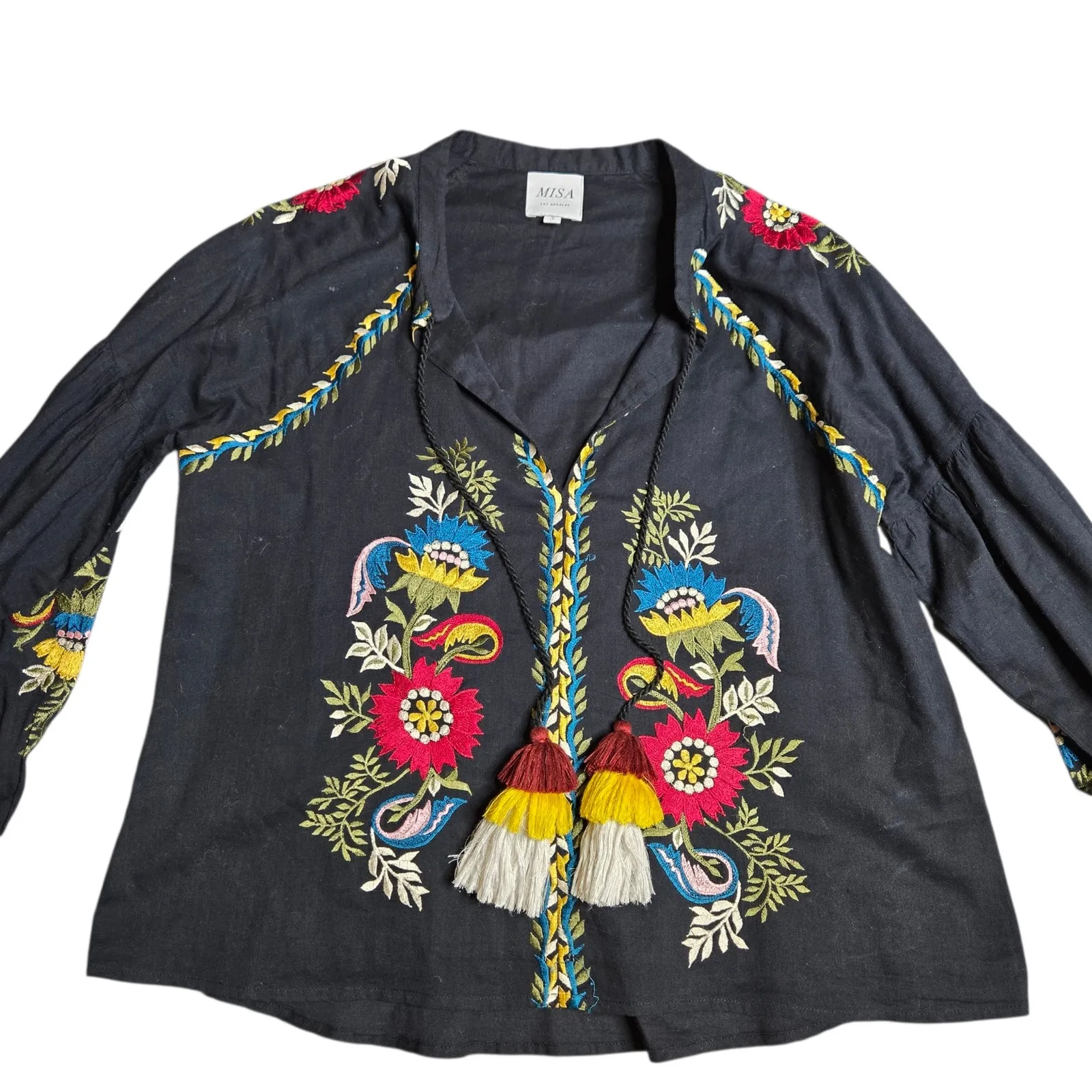 MISA Los Angeles Black Floral Embroidered Tassle Blouse Size: S - Image 2