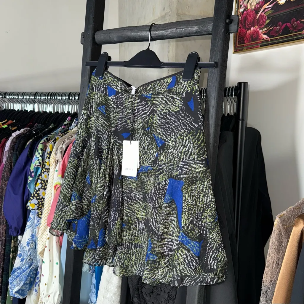 Reiss Muriel Jungle Printed Mini Skirt Blue Green Chiffon Ruffle Hem - Image 5