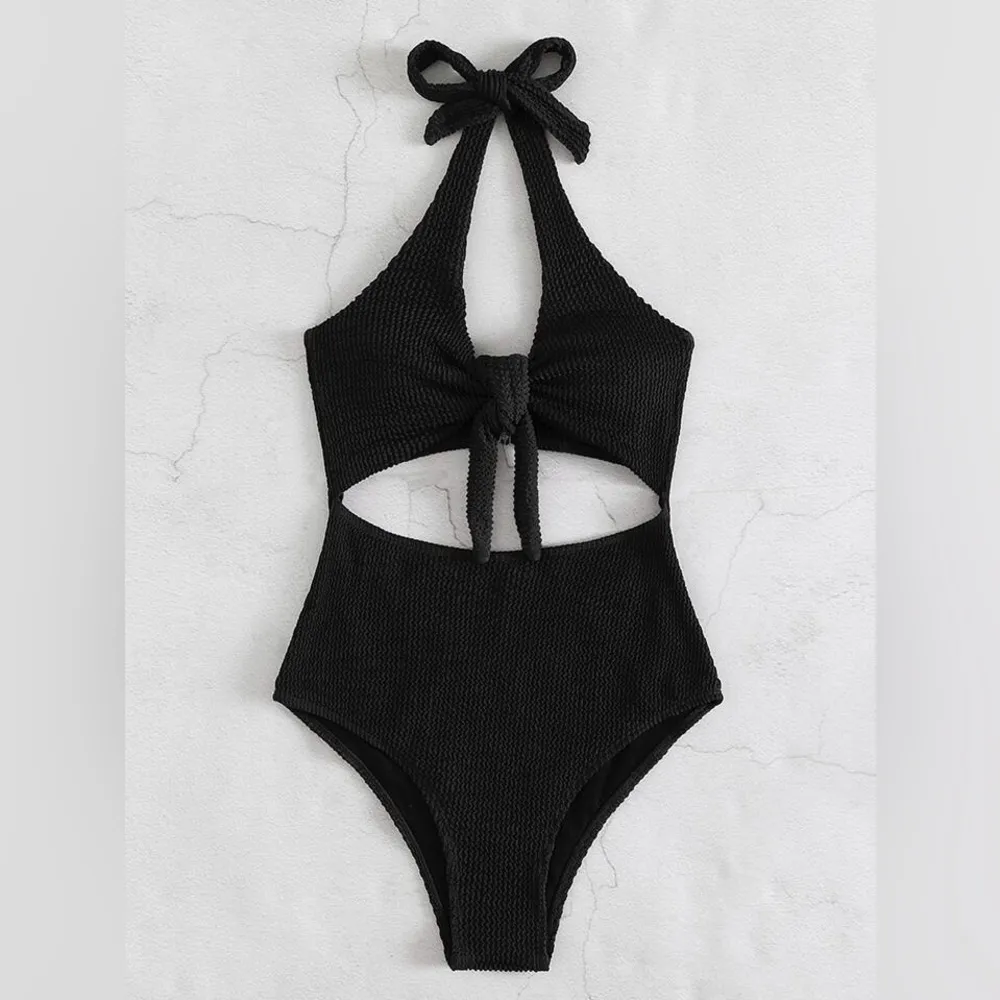 Black textured cut out halter one piece swimsuit - Image 3