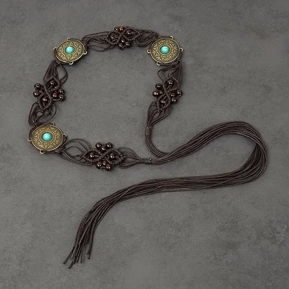 Boho Rope Tie Belt Women's One Size Tassel Beaded Braided Waist Belt Brown - Image 6