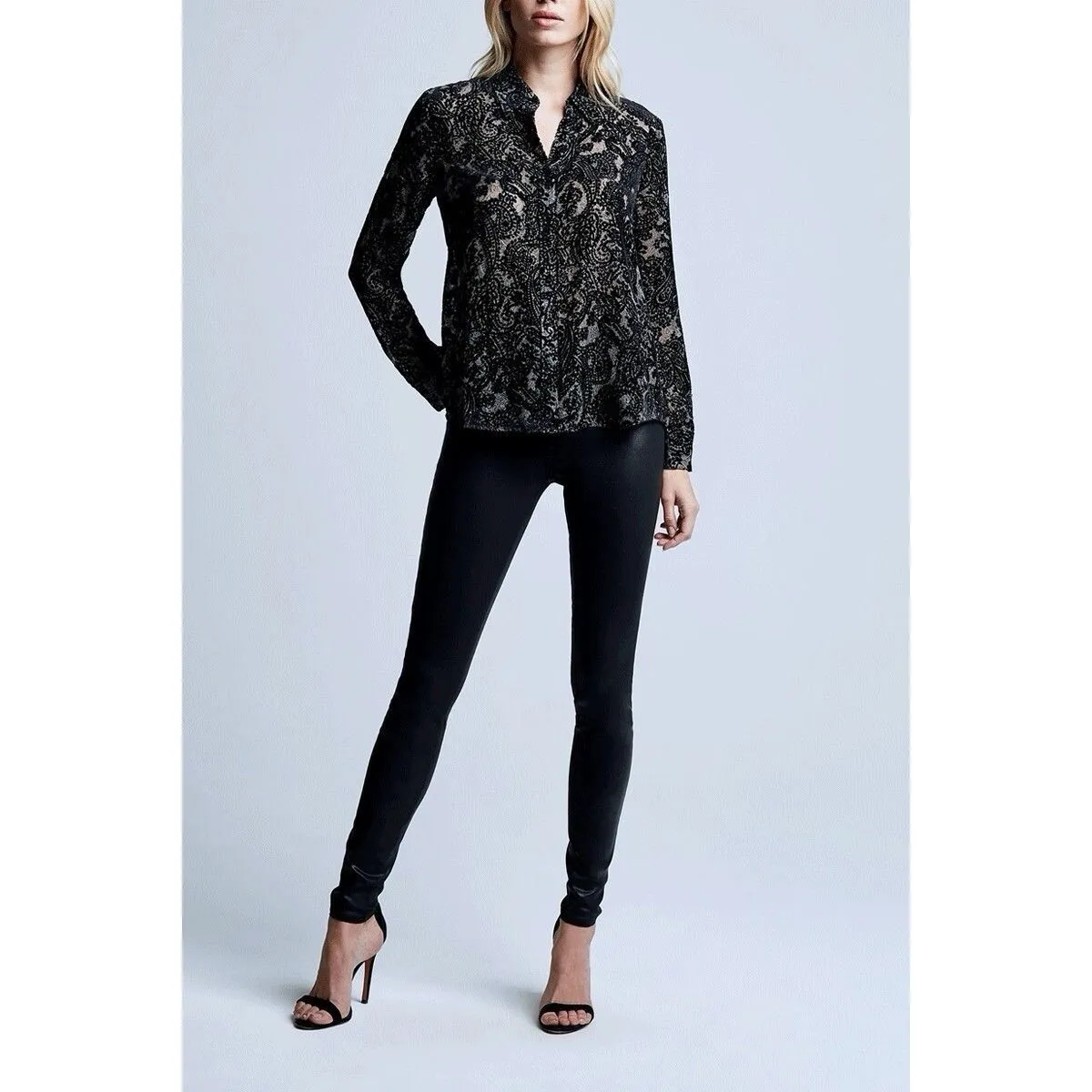L'AGENCE Hailie Paisley Velvet Lace Silk Blend Button Down Shirt Black M $420 - Image 2