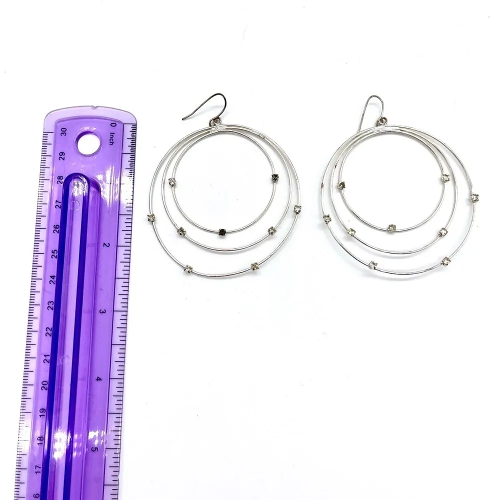 Triple Circles Hoop with Rhinestones Accent Silver Tone - Image 3