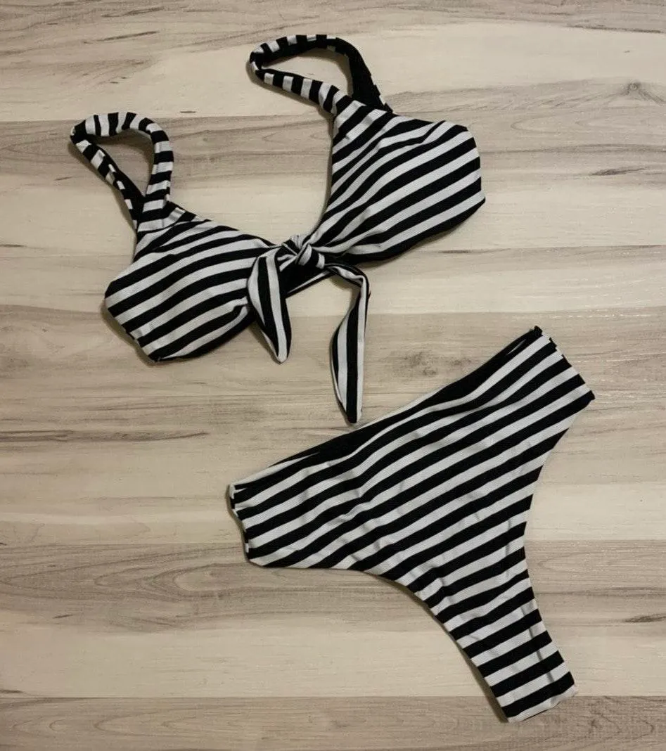 Boutique Black & white striped high waisted bikini - Image 4