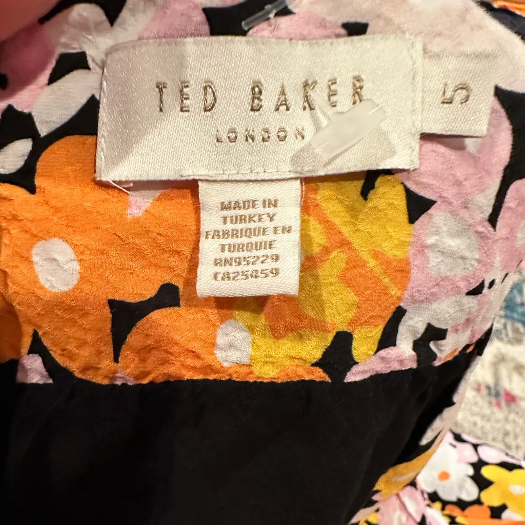 Ted Baker Short Puff Tie Sleeve Black Yellow Orange Floral vneck Print Dress - Image 5